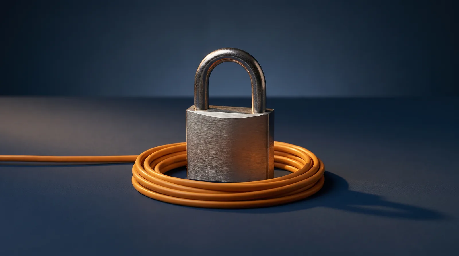 Vorhängeschloss aus gebürstetem Stahl, umringt von einem orangen Telefonkabel auf dunkelblauem Grund