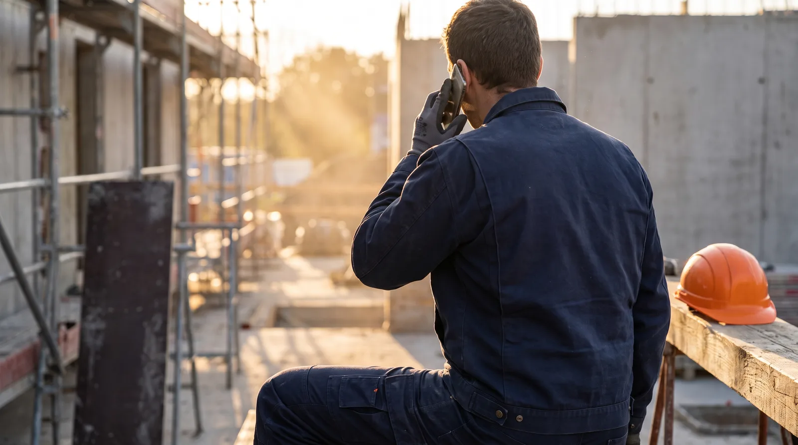 Handwerker in navyblauer Arbeitskleidung telefoniert auf der Baustelle, von hinten gesehen