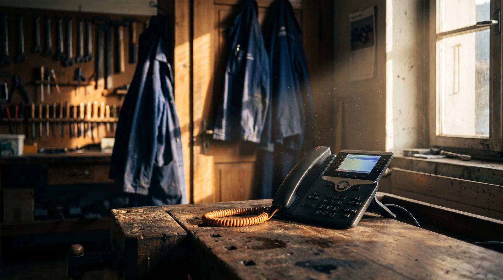 Leere Werkstatt am Feierabend: Das Telefon auf der Werkbank klingelt, niemand ist da